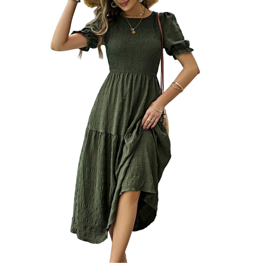 LIGHT DOT Dame Casual Maxi Kjole med Ruffles og Puffede Ærmer – Armygrøn XL