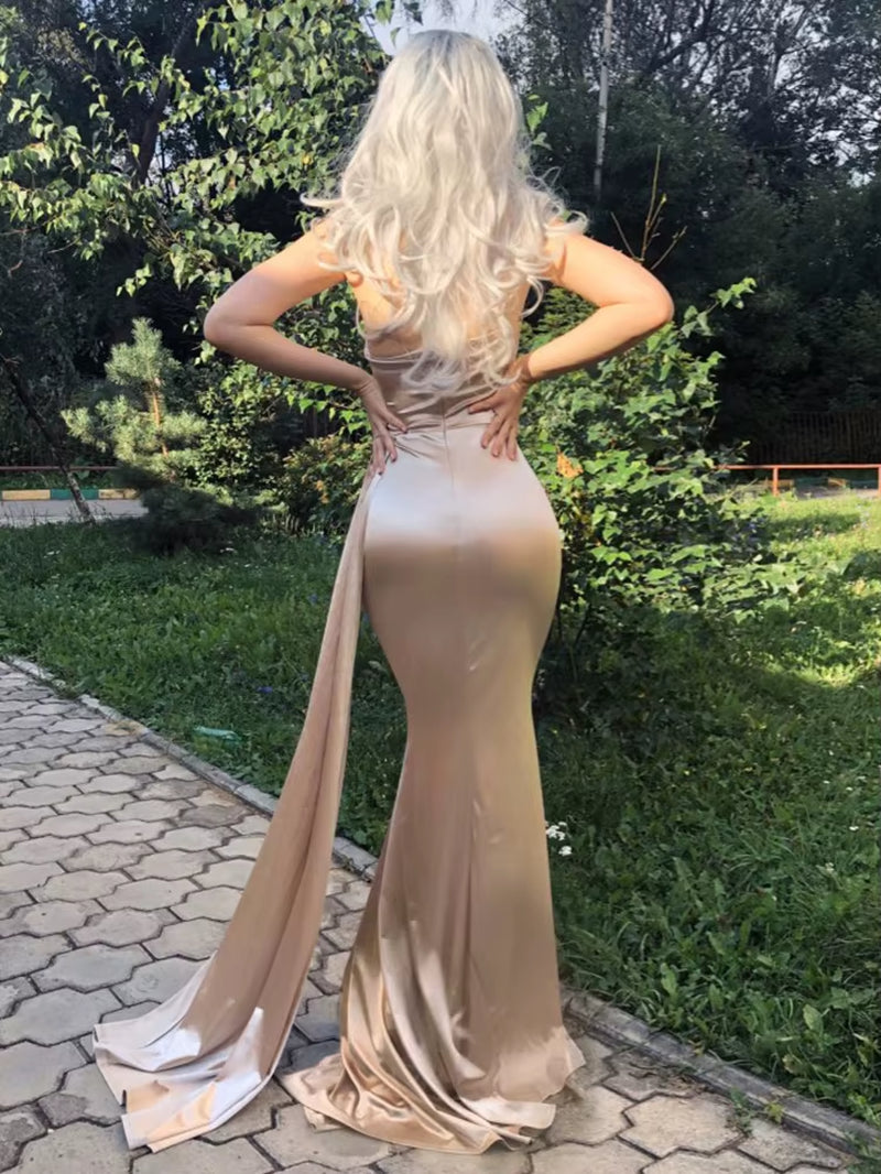 One Shoulder Padded Sexy Satin Maxi Dress Women'S Evening Party Dress Gown with Ribbon Royal Blue Green Draped Long Dress