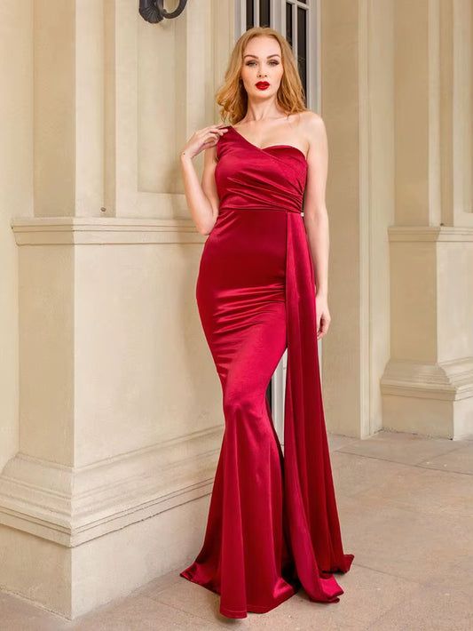 One Shoulder Padded Sexy Satin Maxi Dress Women'S Evening Party Dress Gown with Ribbon Royal Blue Green Draped Long Dress