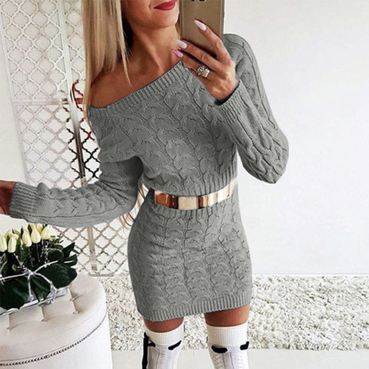 Off-Shoulder Strikkjole med Taljesnit – Blomsterstrik i Fluo Farver