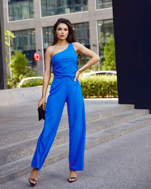 Elegant Enkelærmet Jumpsuit med Brede Ben i Kornblå