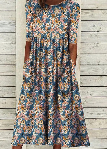 Blomstret Sommer Midi Kjole med Sving – Blå