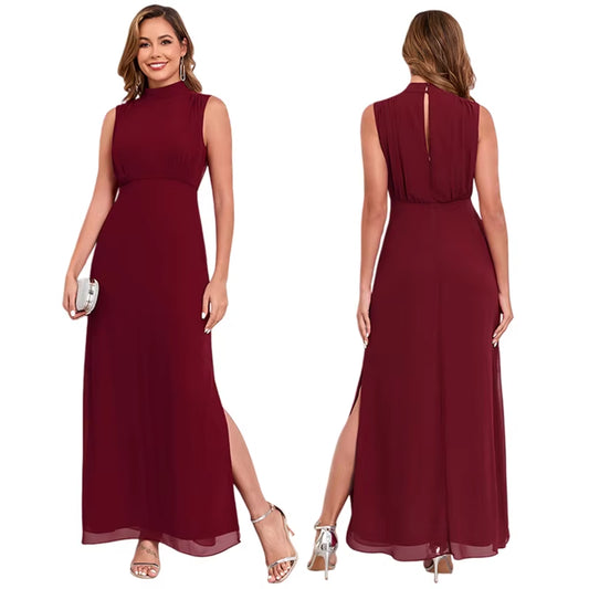 TW00187 High Quality Summer Evening Gown Dress Elegant Women Elegant Stand-Collar Sleeveless Slit A-Line Chiffon Party Dresses