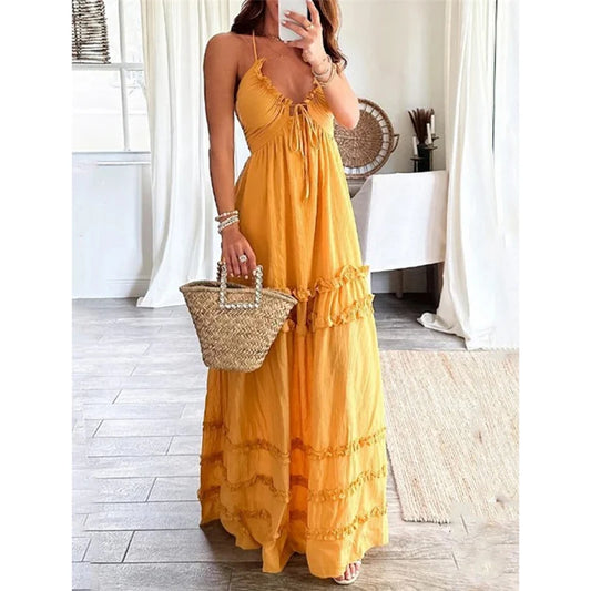 Women'S Low Cut Tie Back Sleeveless Long Dress Elegant Ruffles Drawstring Flowy Dress Bohemian Summer Beachwear Dresses