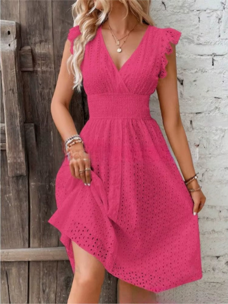 Fashion White Hollow Lace Midi Dresses Women Summer V Neck Ruffle Sleeve Dress Elegant Office Lady Casual Beach Holiday Sundres
