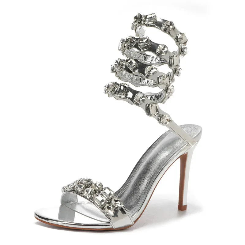 Star Style Luxury Crystal Embellished Wraparound Women Sandals Stiletto High Heels Gladiator Sandals Summer Wedding Prom Shoes