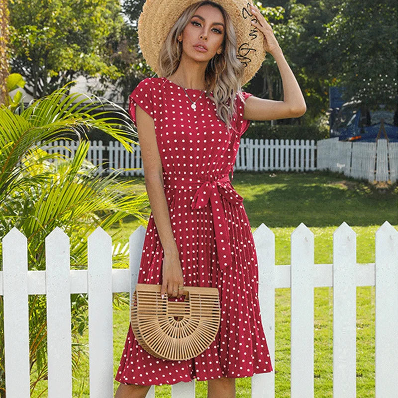 Summer Dresses for Women High Waist Midi Elegant Pleated Polka Dots Office Lady Dinner Party Vacation Dress Female Clothing Robe