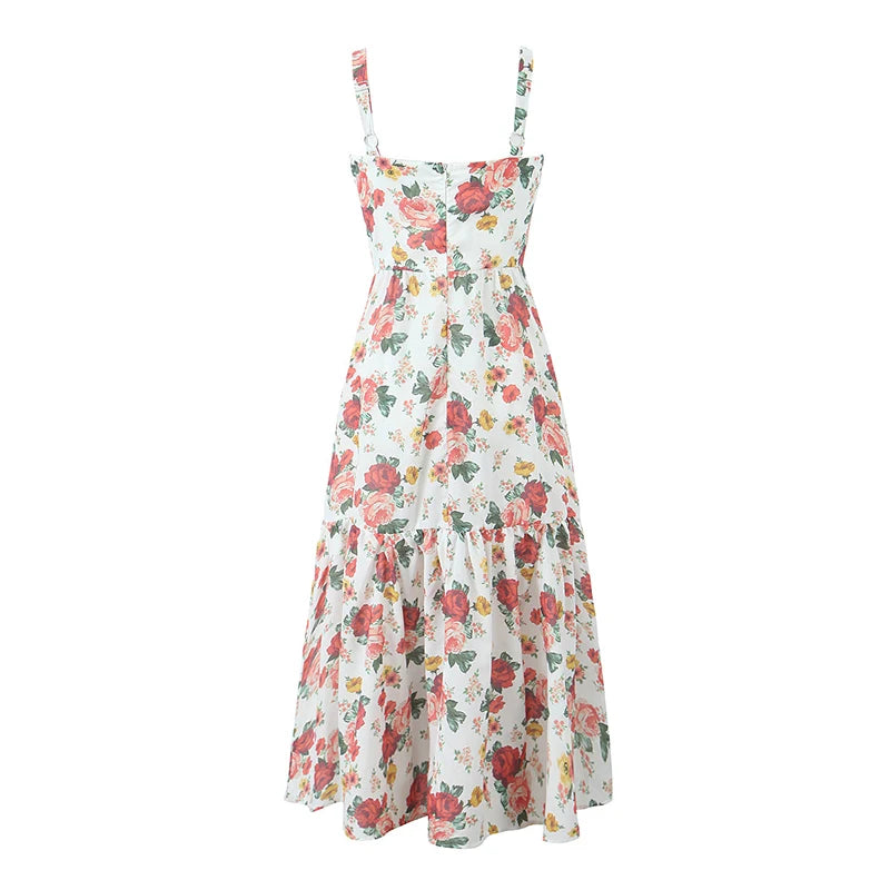 Sexy Elegant Women Lace Trim Floral Print A-Line Midi Summer Dress Holiday Party Robe Cotton