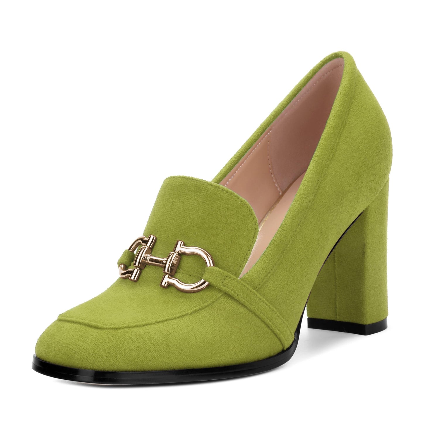 WEANDWEI Womens Loafers - Square Toe High Heels Shoes with Gold Metal Buckle Fashion Womens Pumps Shoes for Party Dress Wedding Office Olive Suede Size 8