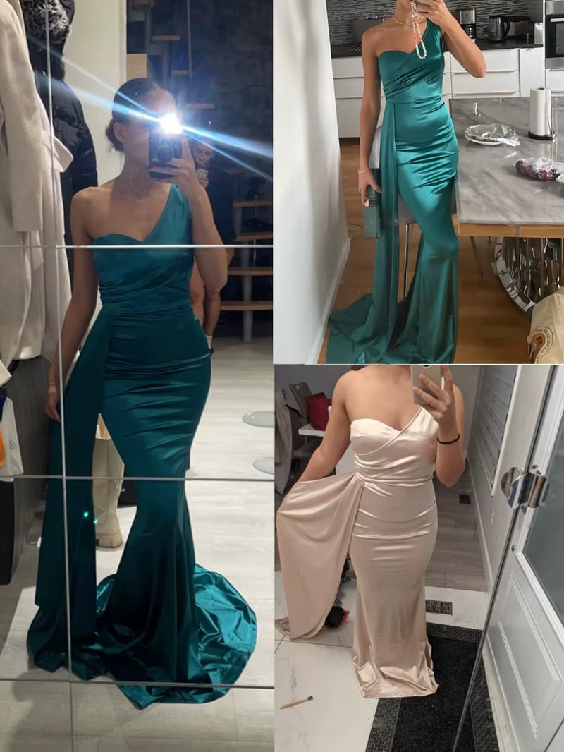One Shoulder Padded Sexy Satin Maxi Dress Women'S Evening Party Dress Gown with Ribbon Royal Blue Green Draped Long Dress