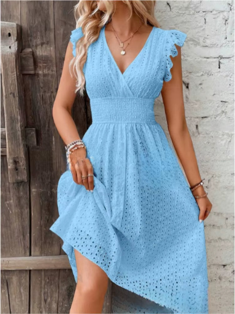 Fashion White Hollow Lace Midi Dresses Women Summer V Neck Ruffle Sleeve Dress Elegant Office Lady Casual Beach Holiday Sundres