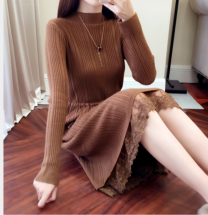 Strikket Sweater Kjole med Flæser og Sløjfe – Sort, Karamel, Mørk Kaffe og Khaki
