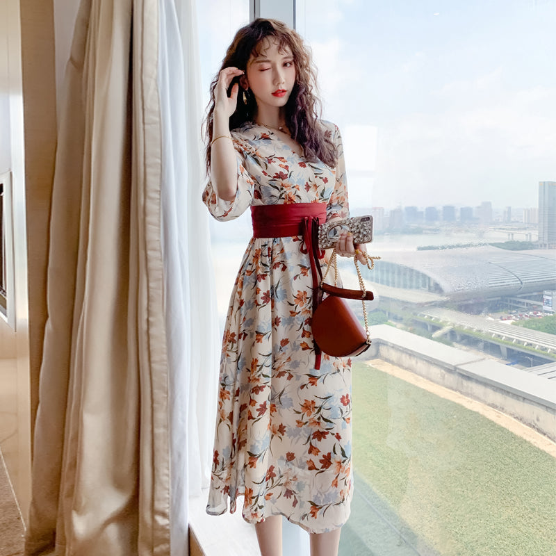 Plus size modificeret Hanfu sommerkjole med blomsterprint