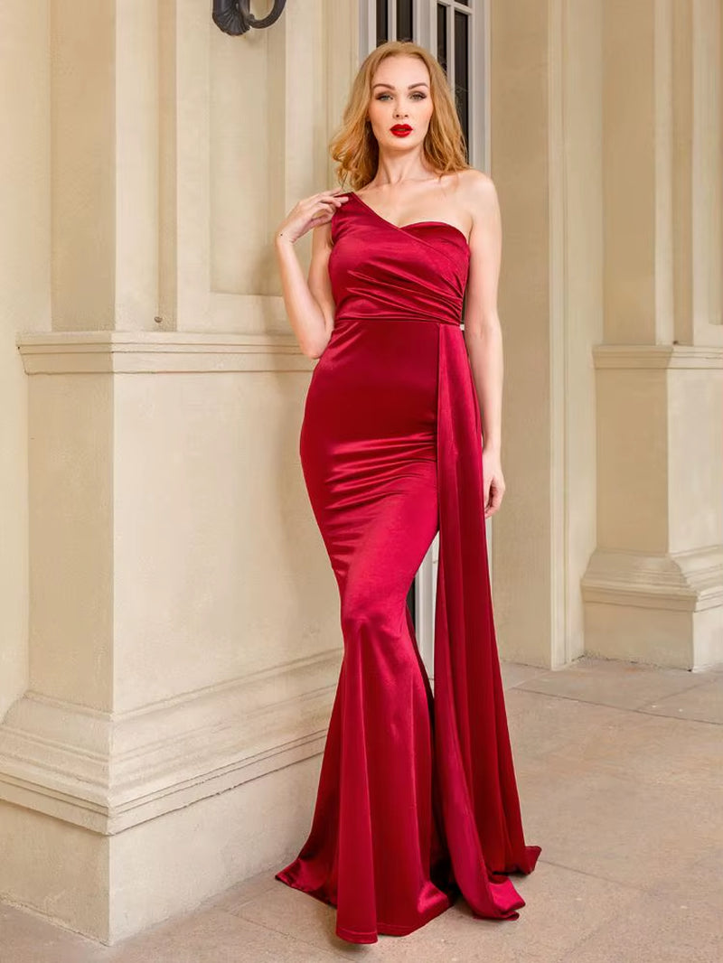 One Shoulder Padded Sexy Satin Maxi Dress Women'S Evening Party Dress Gown with Ribbon Royal Blue Green Draped Long Dress
