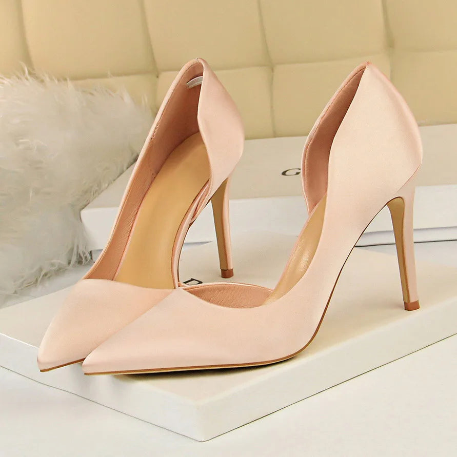 2023 Women 9.5Cm High Heels Blue Pumps Satin Escarpins Luxury Stiletto Lady Shoes High Heels Scarpins Burgundy Green Prom Shoes