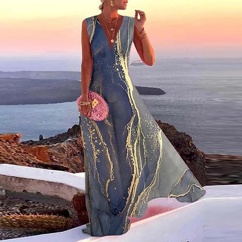 Women Elegant Solid Color V Neck Party Dress Sexy Backless Ladies Sleeveless Beach Dress Vintage Female Summer Dress Vestido 3XL