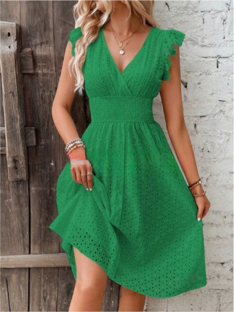 Fashion White Hollow Lace Midi Dresses Women Summer V Neck Ruffle Sleeve Dress Elegant Office Lady Casual Beach Holiday Sundres