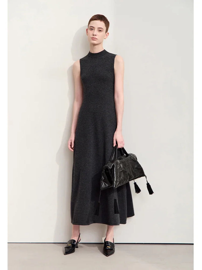Minimalism 2024 New Autumn Women Dress Worsted Basic Sleeveless Elegant Solid Long A-Line Retro Lady Knit Dresses 12453054