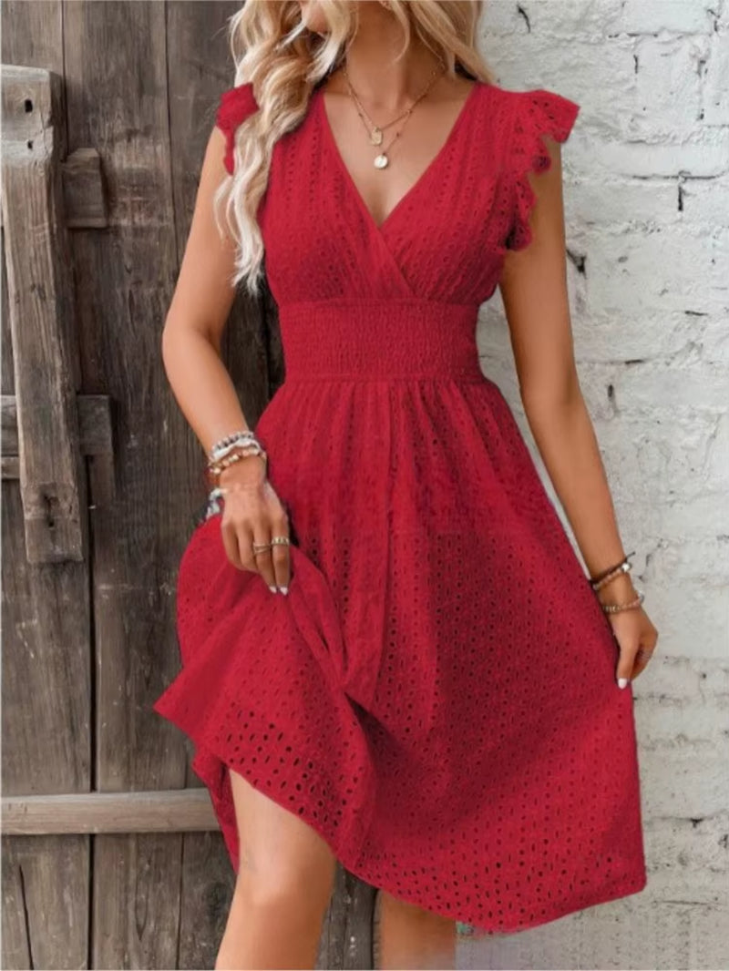 Fashion White Hollow Lace Midi Dresses Women Summer V Neck Ruffle Sleeve Dress Elegant Office Lady Casual Beach Holiday Sundres