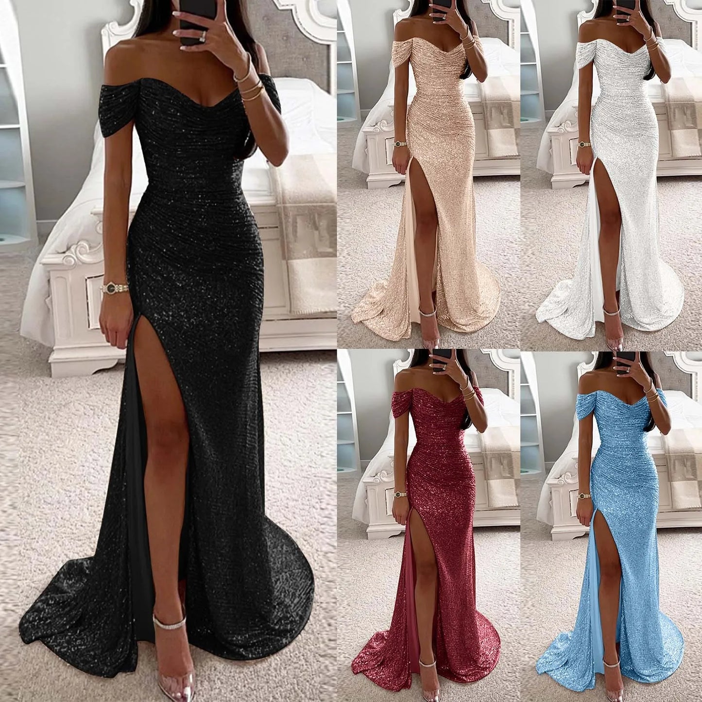 Party Dresses for Women Female Prom Party Dress with Sparkly Glitter Sequin Floor-Length Dress for Women Slim Fit Wrap Hip Dress