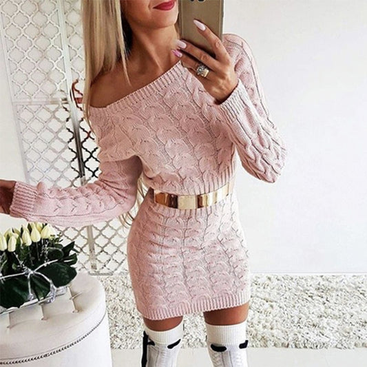 Off-Shoulder Strikkjole med Taljesnit – Blomsterstrik i Fluo Farver