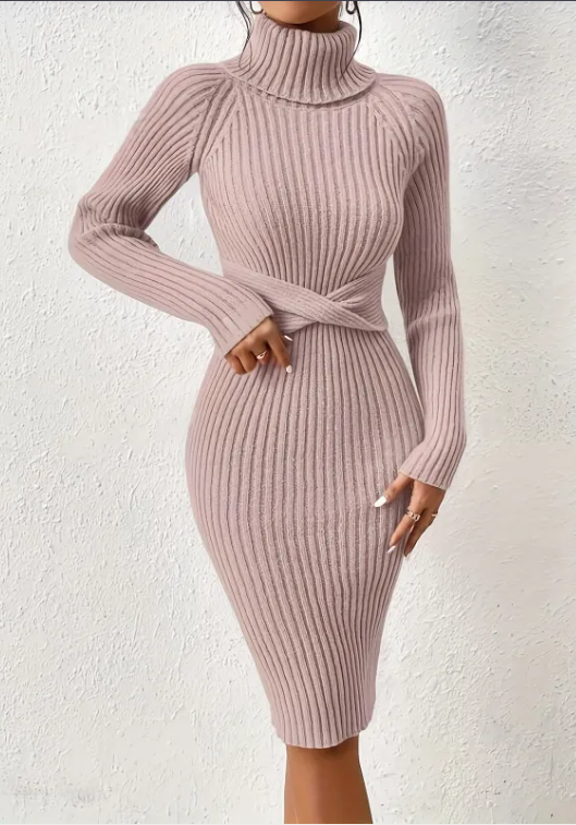 Høj Hals Slim Strikkjole til Efterår og Vinter – Varm og Elegant