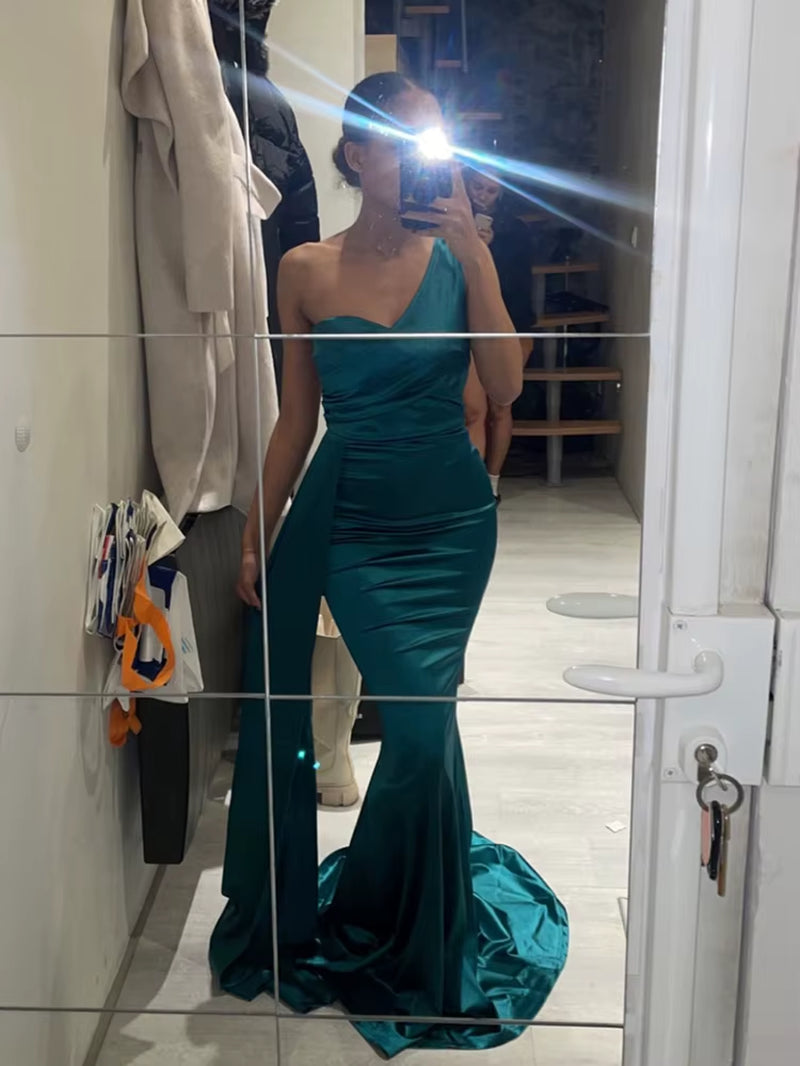 One Shoulder Padded Sexy Satin Maxi Dress Women'S Evening Party Dress Gown with Ribbon Royal Blue Green Draped Long Dress