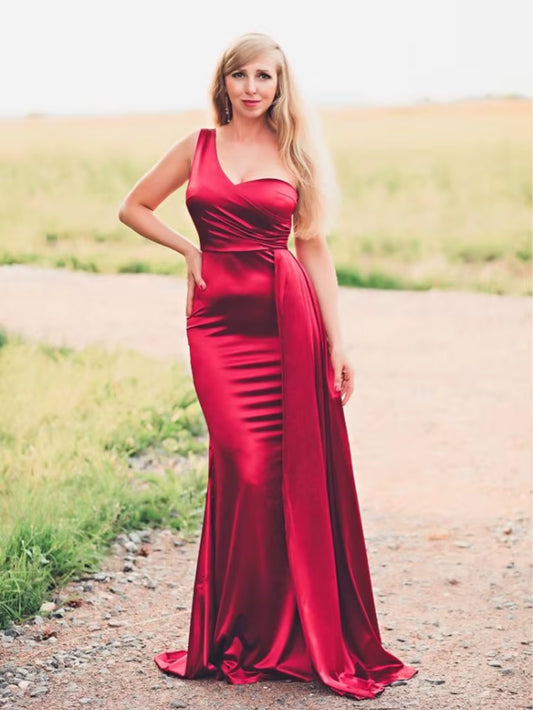 One Shoulder Padded Sexy Satin Maxi Dress Women'S Evening Party Dress Gown with Ribbon Royal Blue Green Draped Long Dress