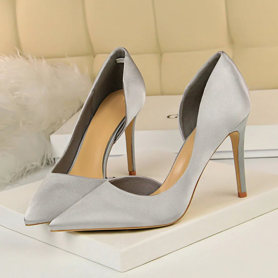 2023 Women 9.5Cm High Heels Blue Pumps Satin Escarpins Luxury Stiletto Lady Shoes High Heels Scarpins Burgundy Green Prom Shoes