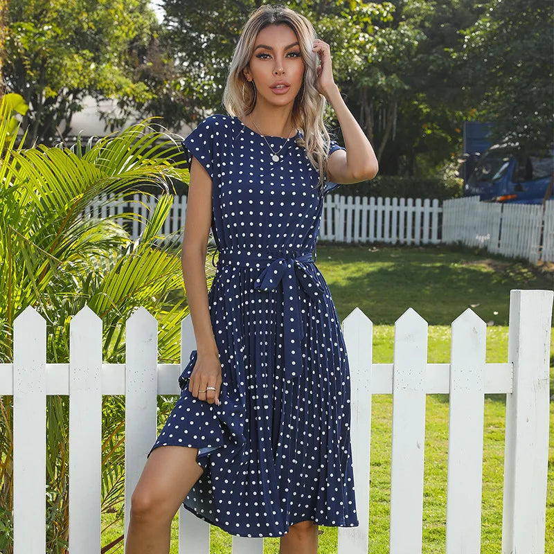 Summer Dresses for Women High Waist Midi Elegant Pleated Polka Dots Office Lady Dinner Party Vacation Dress Female Clothing Robe