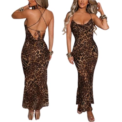QIISEVEN Dame Leopard Maxi Kjole med V-hals og Spaghettistropper – Sexet Bodycon