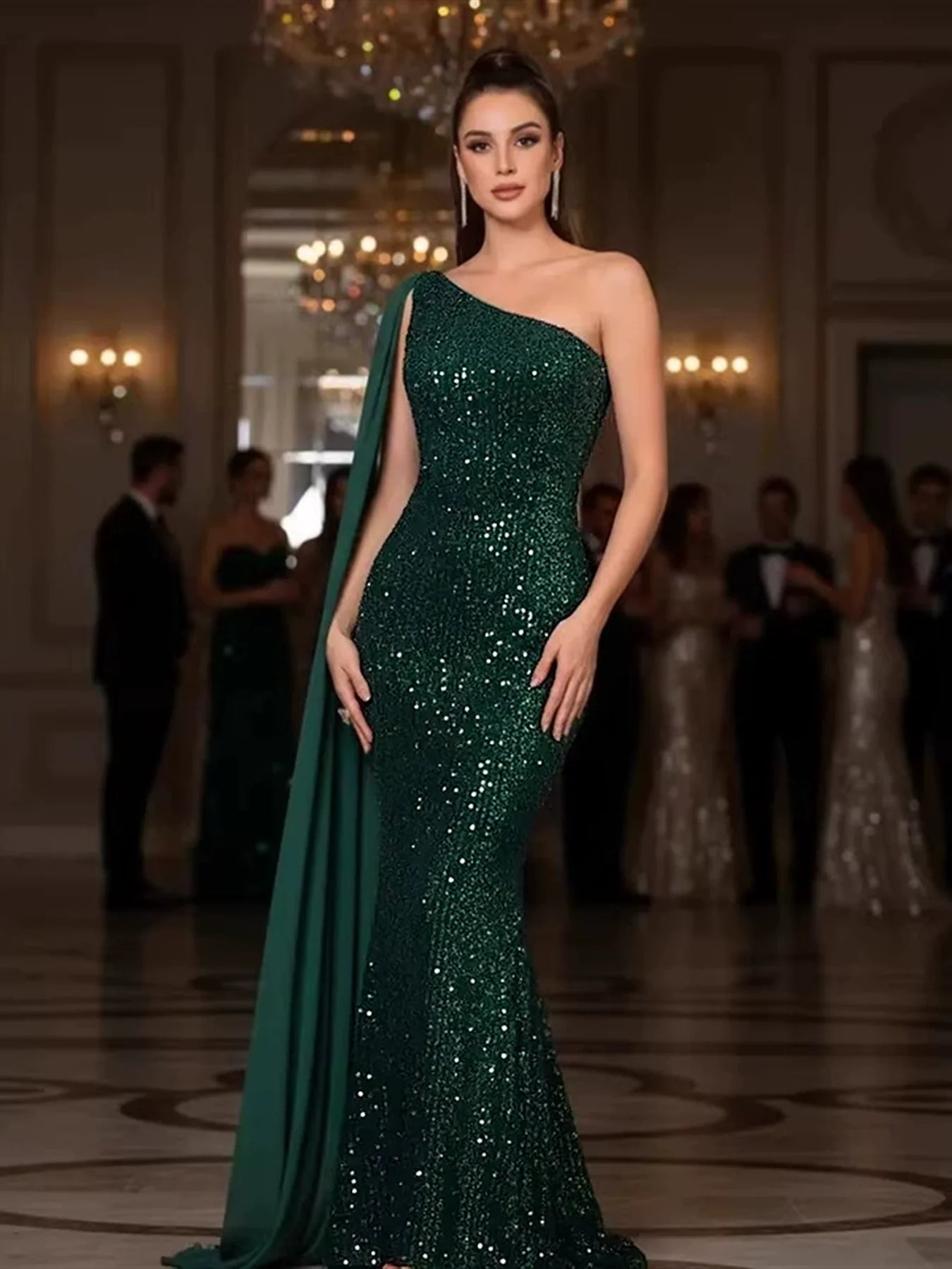 One Shoulder Chiffon Ribbon Flip Green Sequined Evening Dress Long Prom Maxi Gown for Women