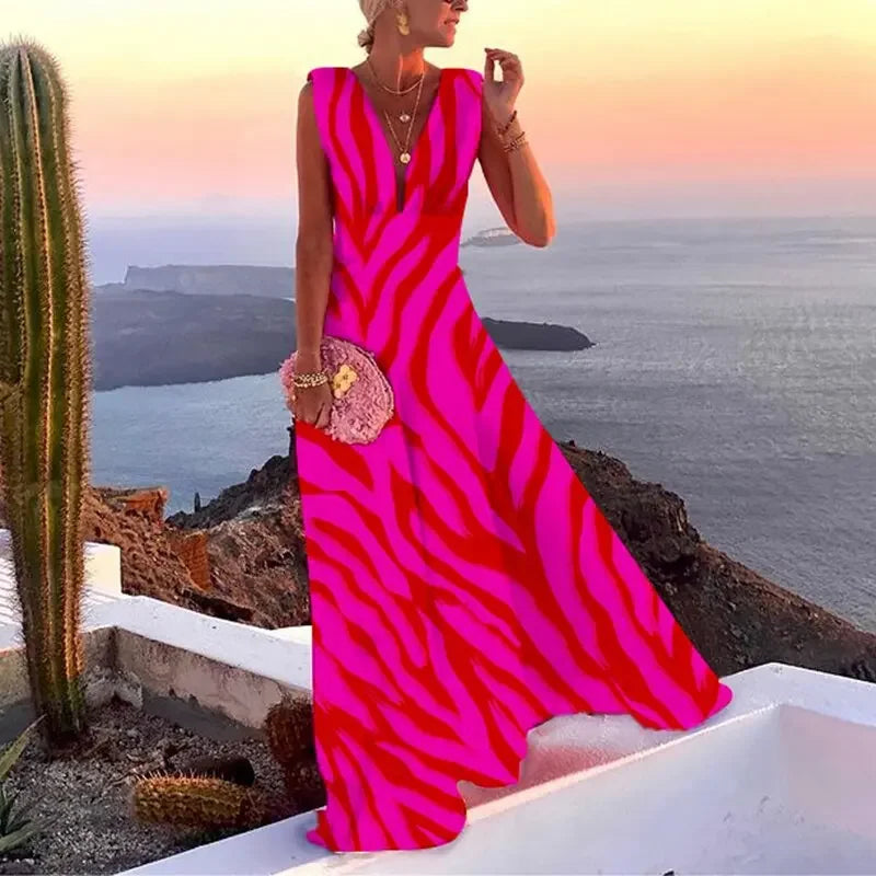 Women Elegant Solid Color V Neck Party Dress Sexy Backless Ladies Sleeveless Beach Dress Vintage Female Summer Dress Vestido 3XL