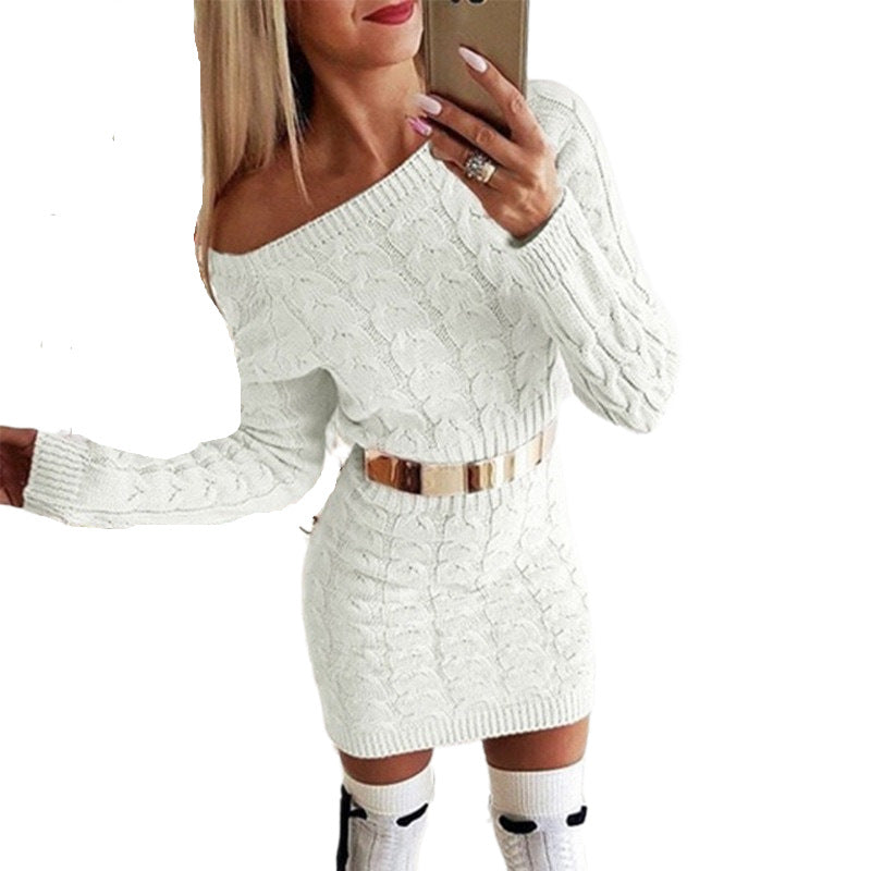 Off-Shoulder Strikkjole med Taljesnit – Blomsterstrik i Fluo Farver