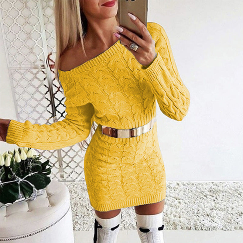Off-Shoulder Strikkjole med Taljesnit – Blomsterstrik i Fluo Farver