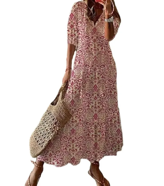 Damekjole i Boho-stil med V-udskæring, print, kvaster og mellemlange ærmer