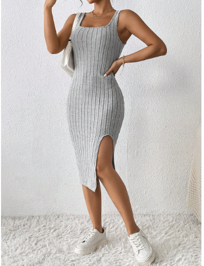 Ærmeløs Bodycon Lang Kjole med Slids – Grøn og Grå
