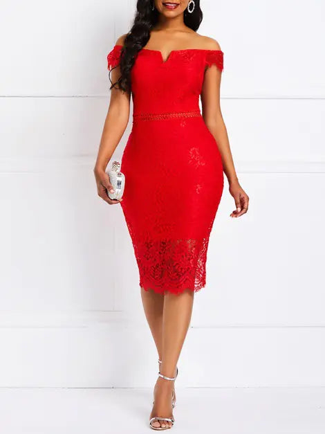 Blonde Bodycon Midi Kjole med V-hals – Hvid, Sort, Rød og Mørkeblå
