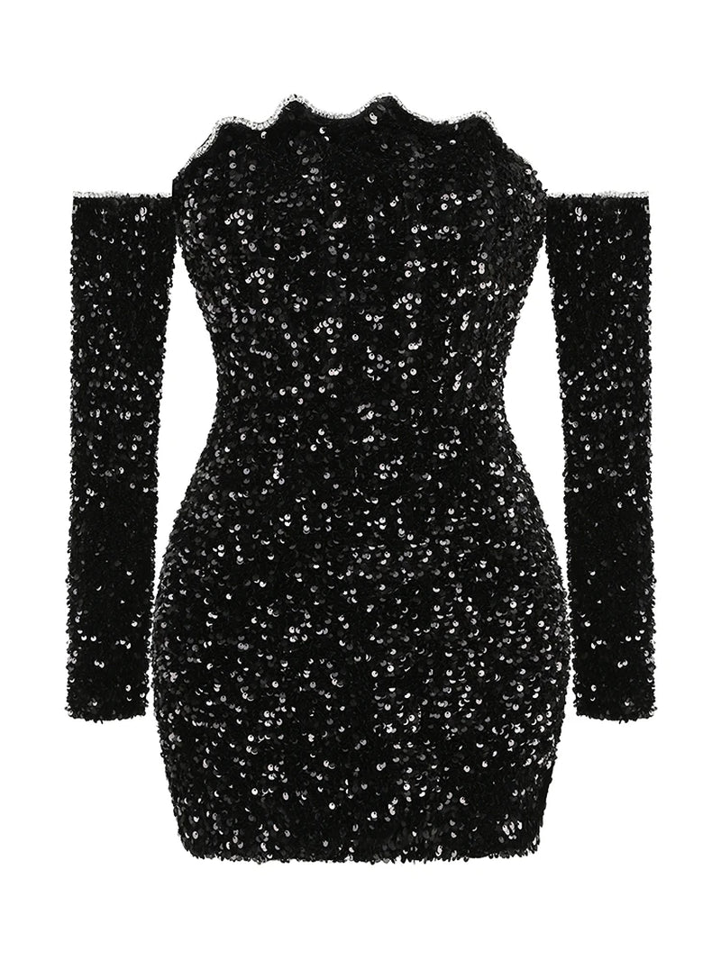 Sexy Slash Neck Long Sleeve Sparkling Sequins Dress Women Black off Shoulder Diamonds Slim Mini Dress Eelgant Party Evening Dres