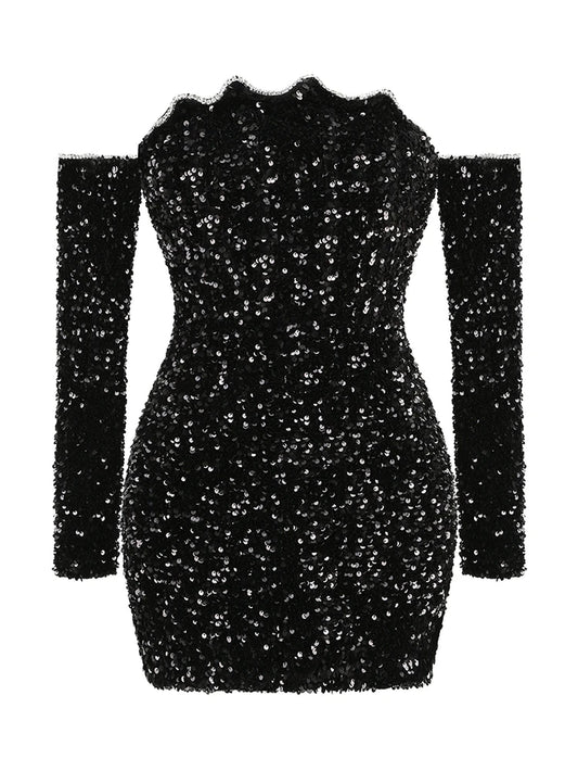 Sexy Slash Neck Long Sleeve Sparkling Sequins Dress Women Black off Shoulder Diamonds Slim Mini Dress Eelgant Party Evening Dres