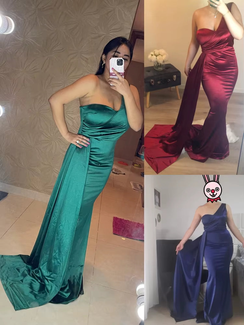 One Shoulder Padded Sexy Satin Maxi Dress Women'S Evening Party Dress Gown with Ribbon Royal Blue Green Draped Long Dress
