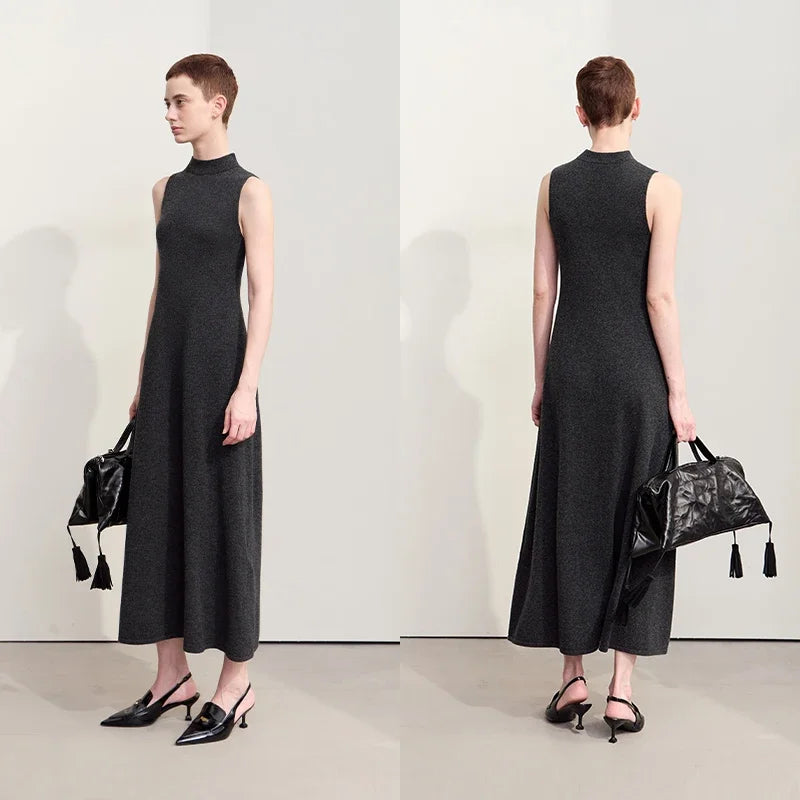 Minimalism 2024 New Autumn Women Dress Worsted Basic Sleeveless Elegant Solid Long A-Line Retro Lady Knit Dresses 12453054