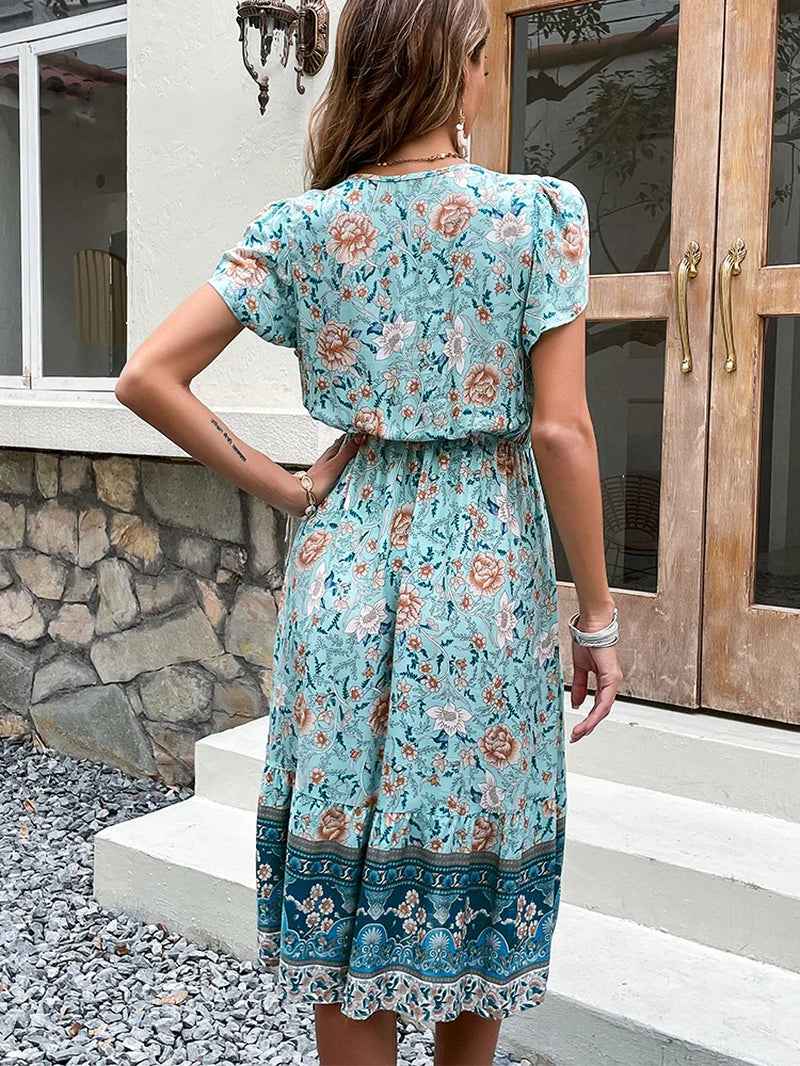 Green Floral Print Boho Midi Summer Dress Women 2023 Elegant Short Petal Sleeve Dresses Party Vacation Beach Outfits Female Robe