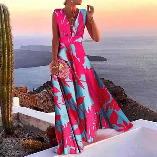 Women Elegant Solid Color V Neck Party Dress Sexy Backless Ladies Sleeveless Beach Dress Vintage Female Summer Dress Vestido 3XL