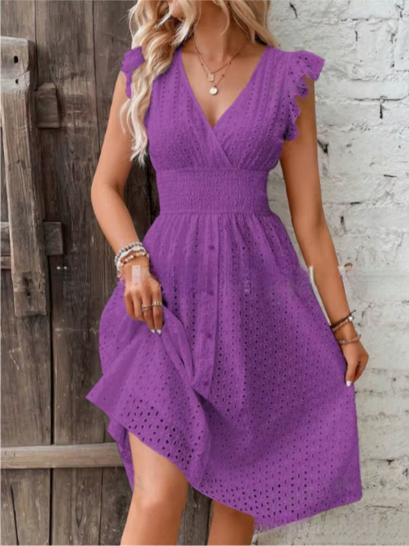Fashion White Hollow Lace Midi Dresses Women Summer V Neck Ruffle Sleeve Dress Elegant Office Lady Casual Beach Holiday Sundres