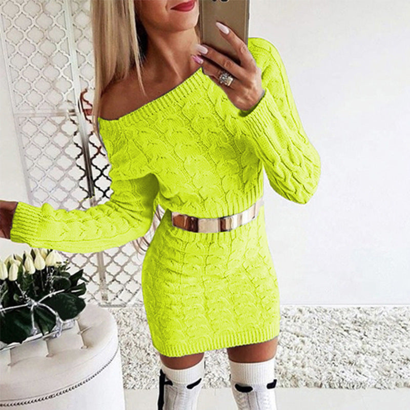 Off-Shoulder Strikkjole med Taljesnit – Blomsterstrik i Fluo Farver