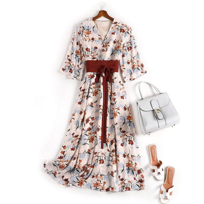 Plus size modificeret Hanfu sommerkjole med blomsterprint