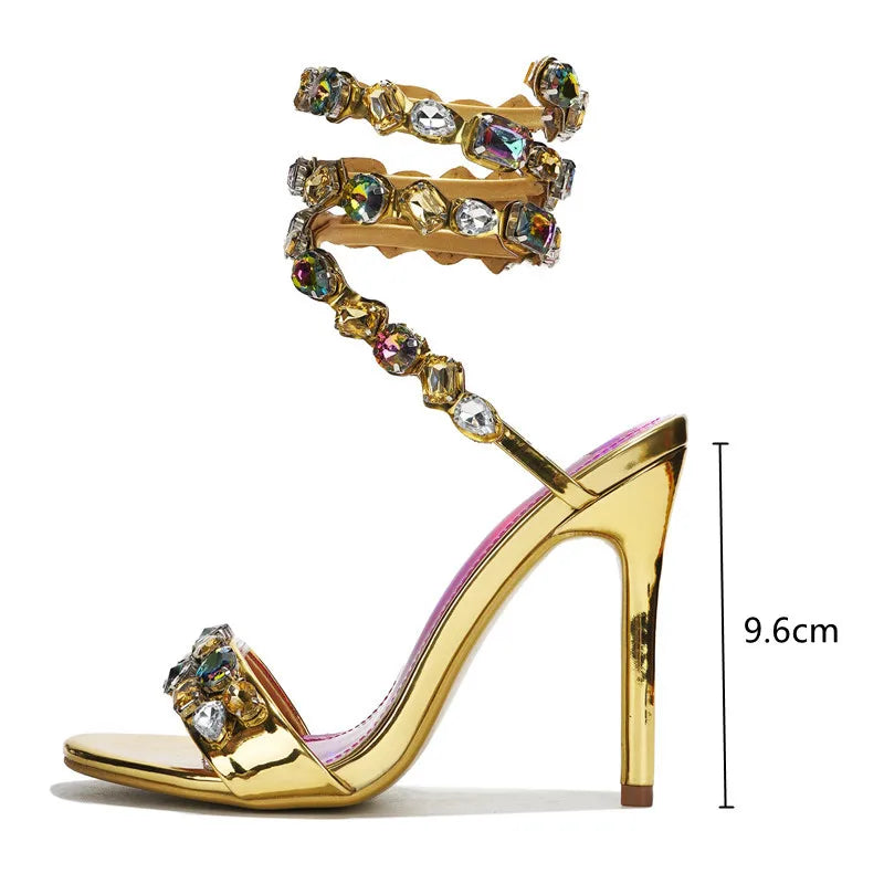 Star Style Luxury Crystal Embellished Wraparound Women Sandals Stiletto High Heels Gladiator Sandals Summer Wedding Prom Shoes
