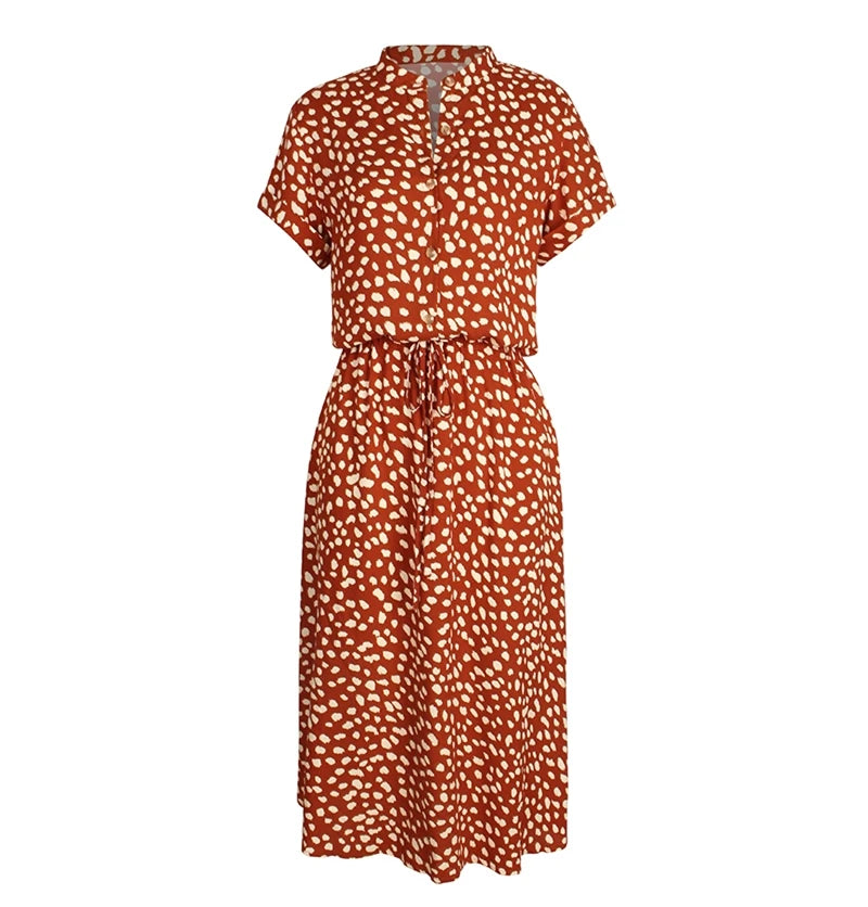 Ladies Bohemian Leopard Print Shirt Dress Women Casual Midi Holiday Summer Dress Female A-Line Loose Women Beach Dress Vestidos