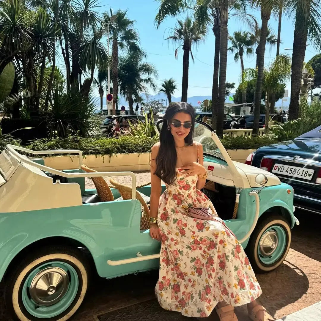 Sexy Elegant Women Lace Trim Floral Print A-Line Midi Summer Dress Holiday Party Robe Cotton
